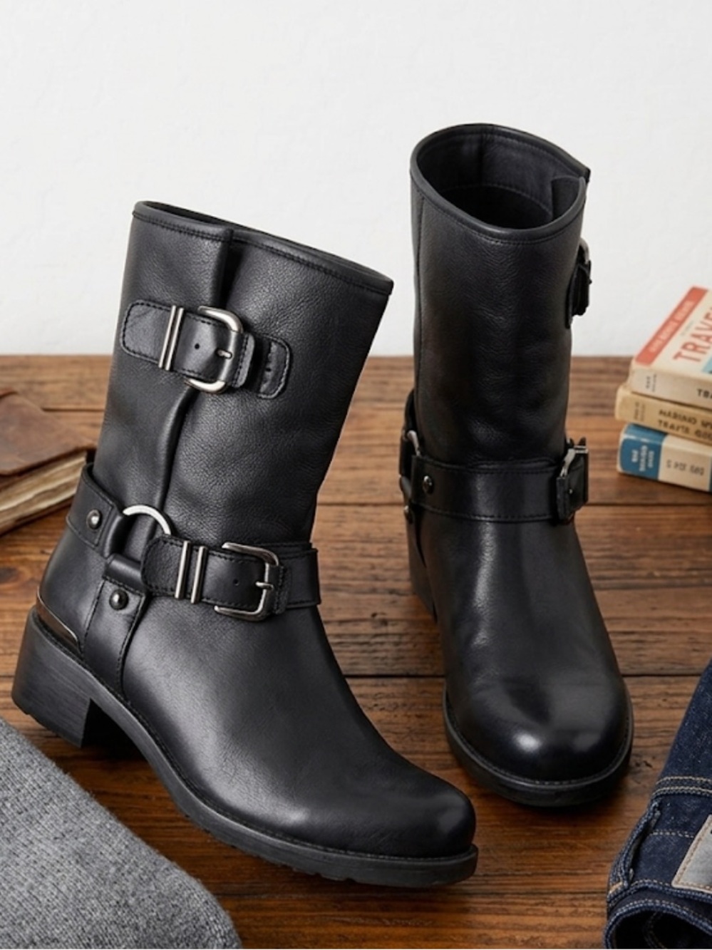 Stuart Weitzman Soft  Flexible Black Leather Buckle Harness Moto Boots Size 6.5